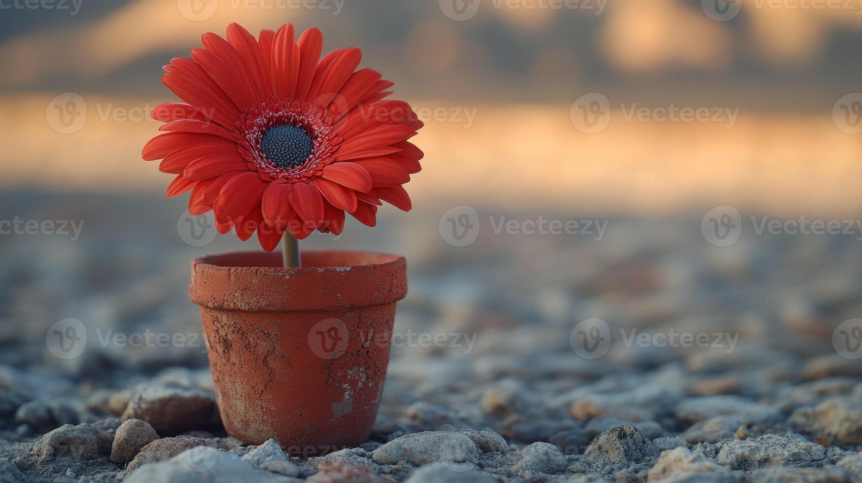 A red flower in a pot on a rocky ground photo
