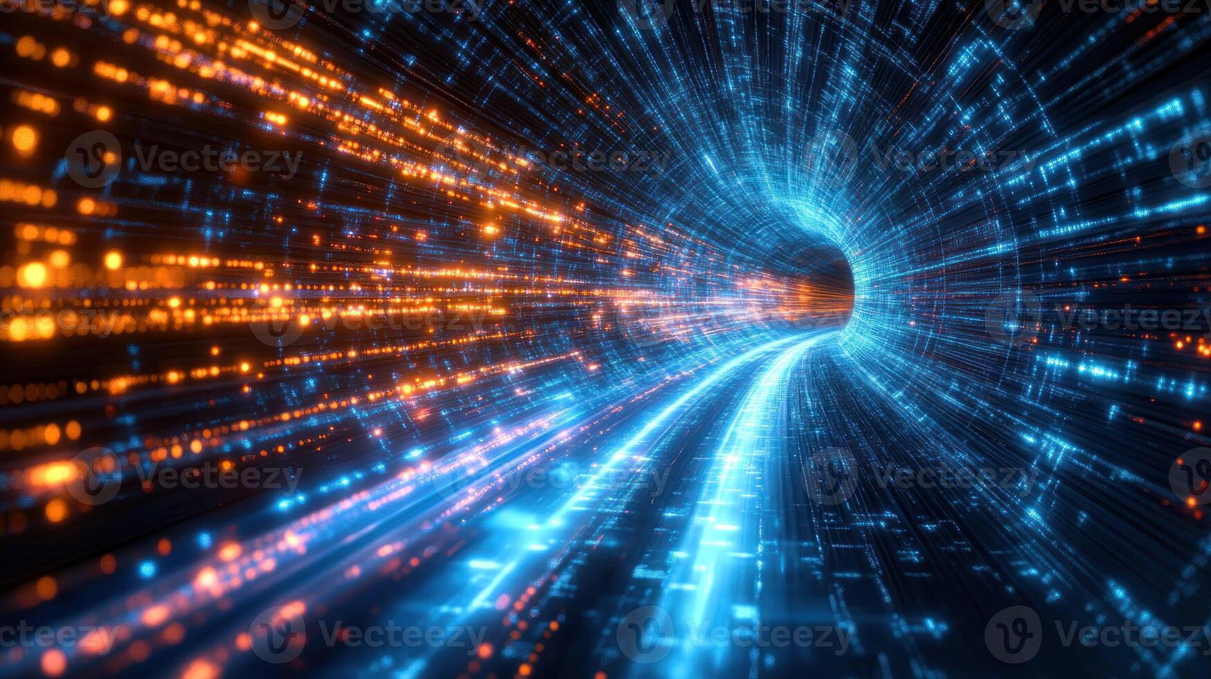 A tunnel with a glowing light and data lines photo