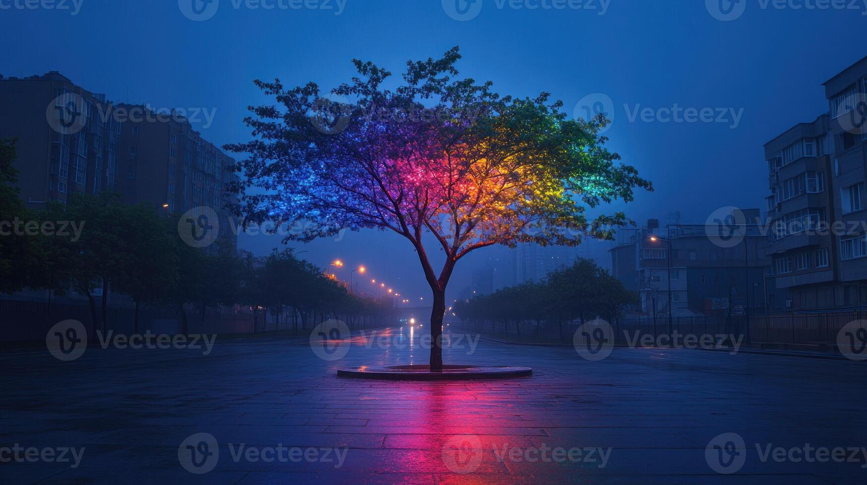 A tree with colorful lights on it in the middle of a city photo