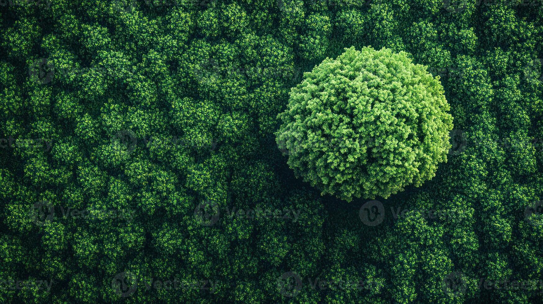 An aerial view of a green tree in the middle of a forest photo