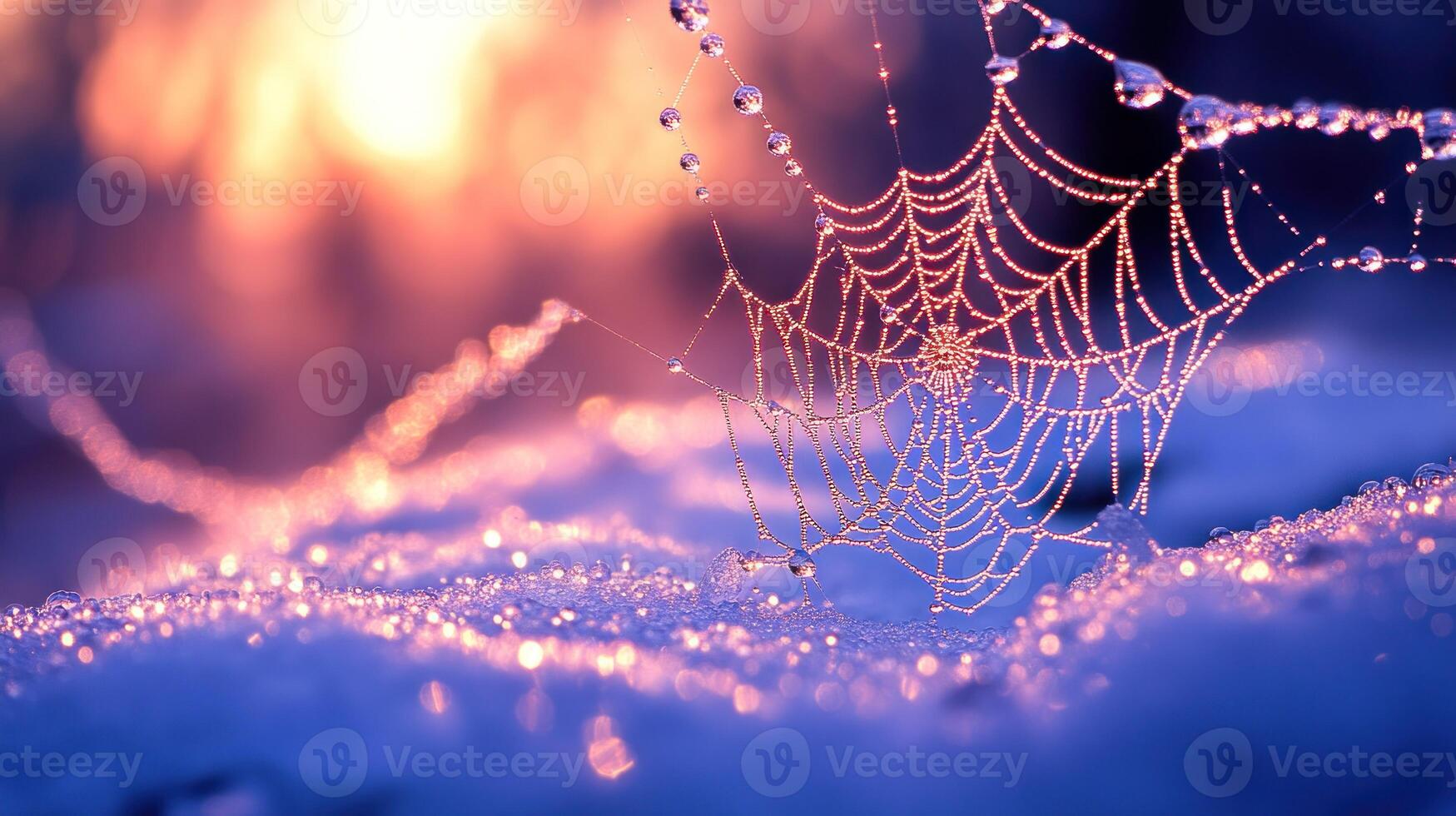 Spider web with dew drops on it at sunset photo