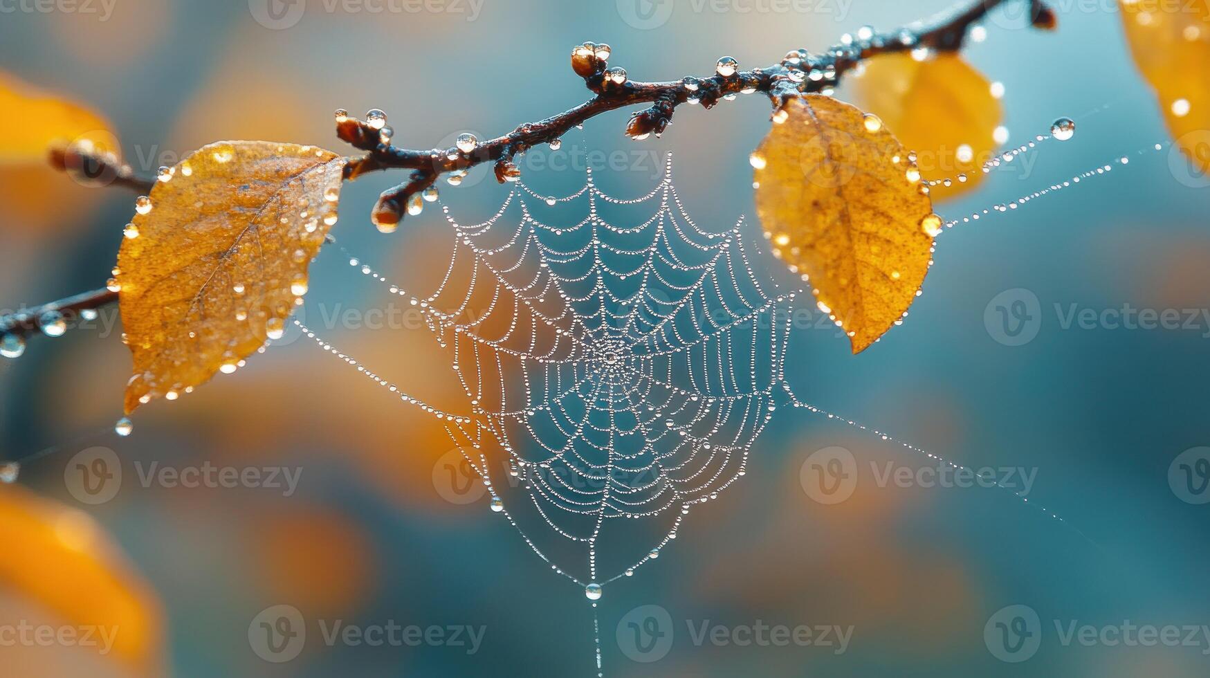 A spider web with dew drops on it photo