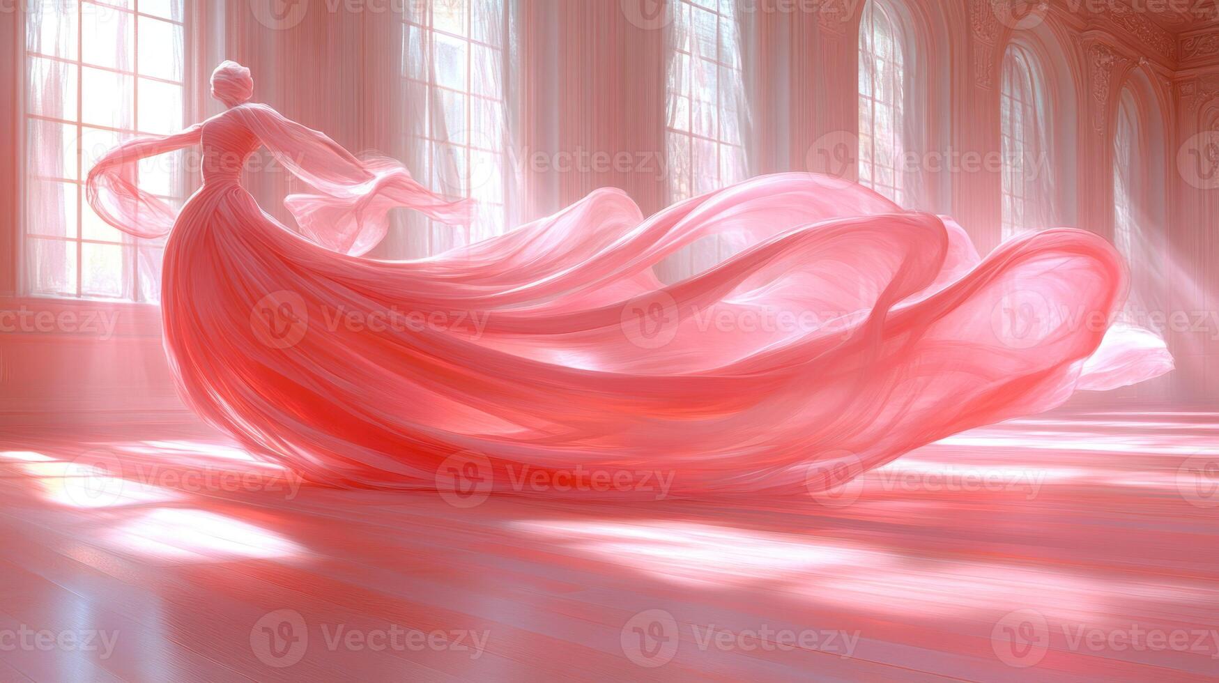 A woman in a pink dress is dancing in front of a large window photo
