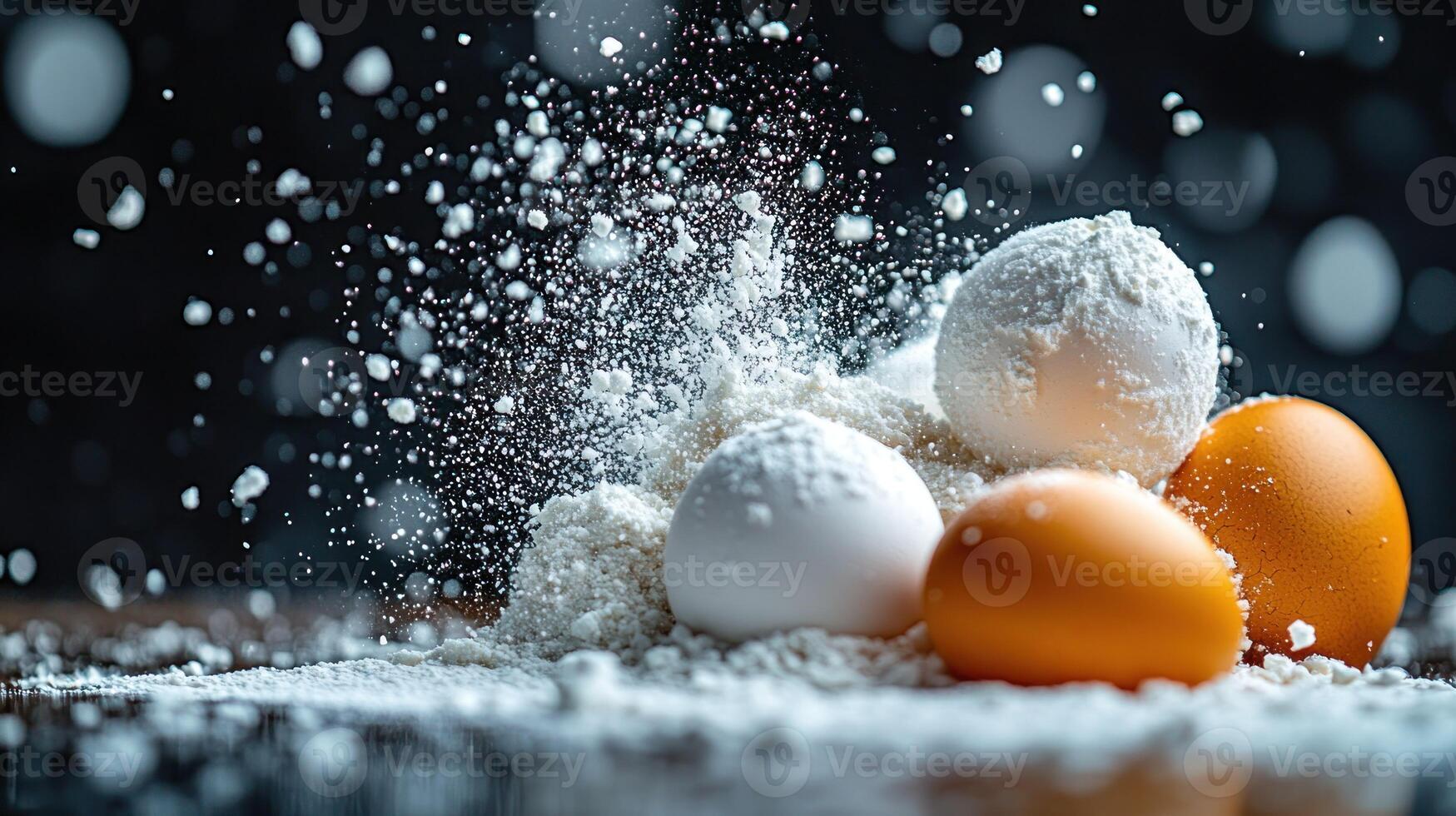 Eggs and flour on a table with powder photo