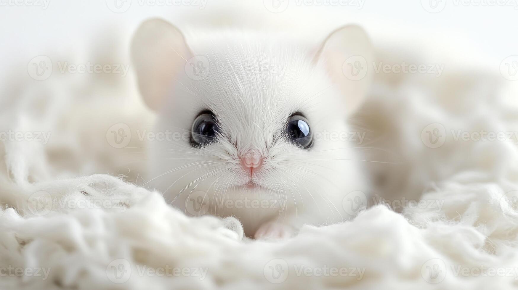 A white mouse is sitting in a pile of white wool photo