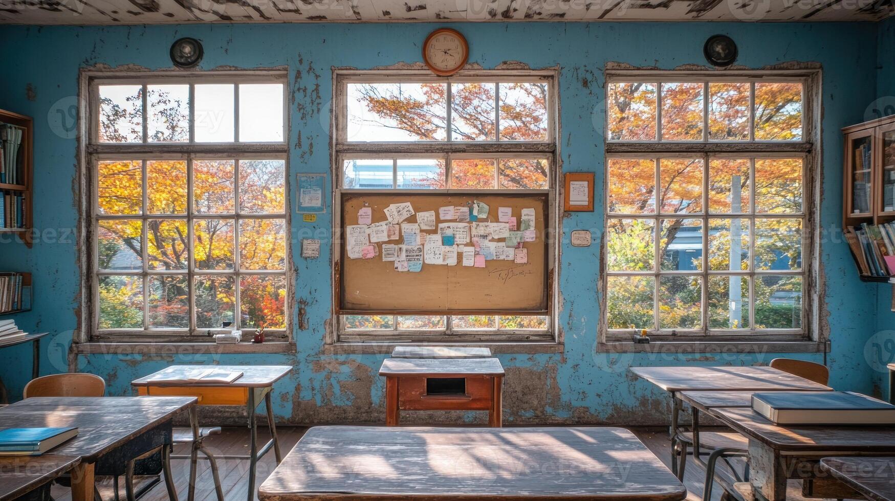 An abandoned classroom with desks and windows photo