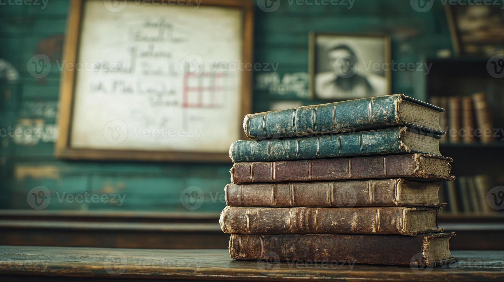 Old books on a wooden table in a classroom photo