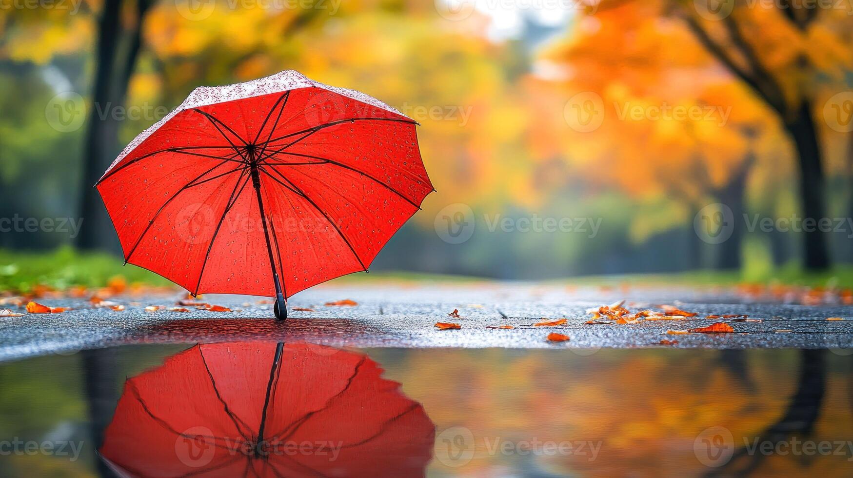 A red umbrella is reflected in a puddle of water photo