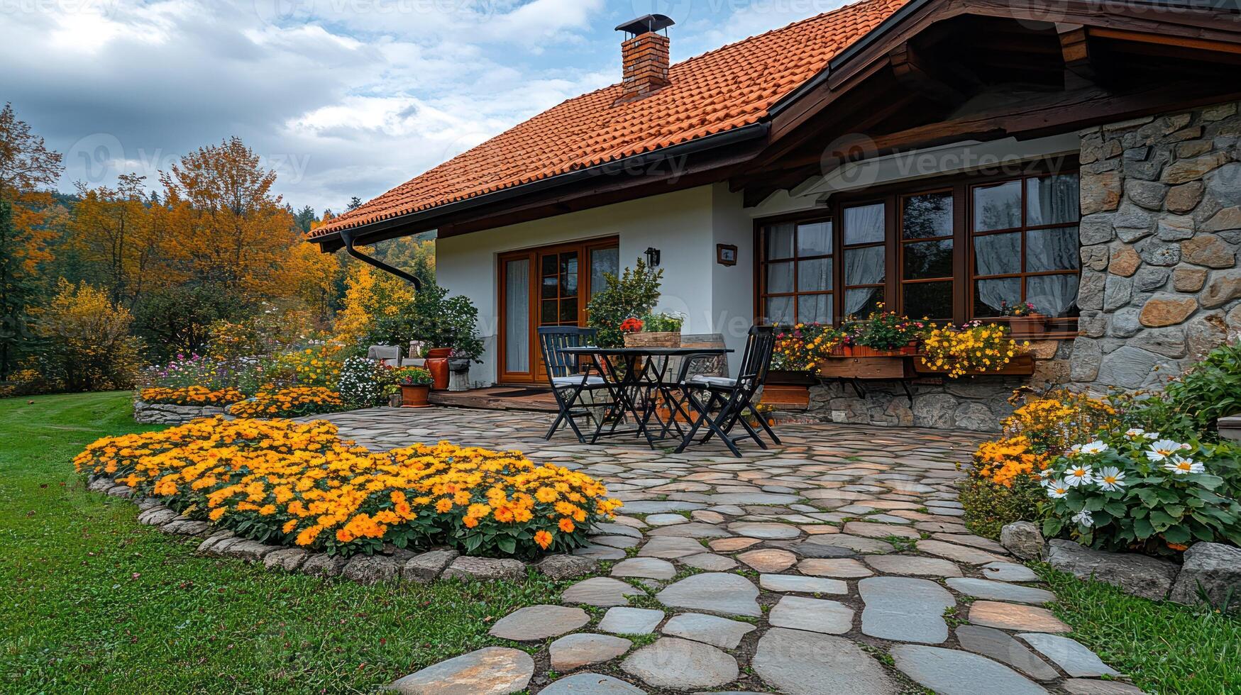 A house with a patio and a table outside photo