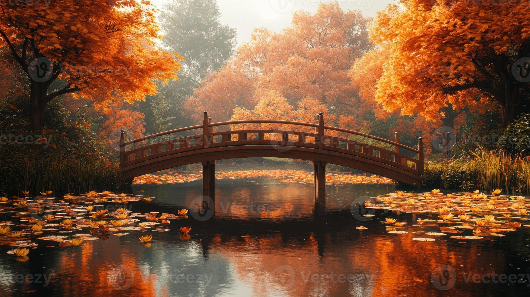 A bridge over a pond surrounded by trees in the fall photo