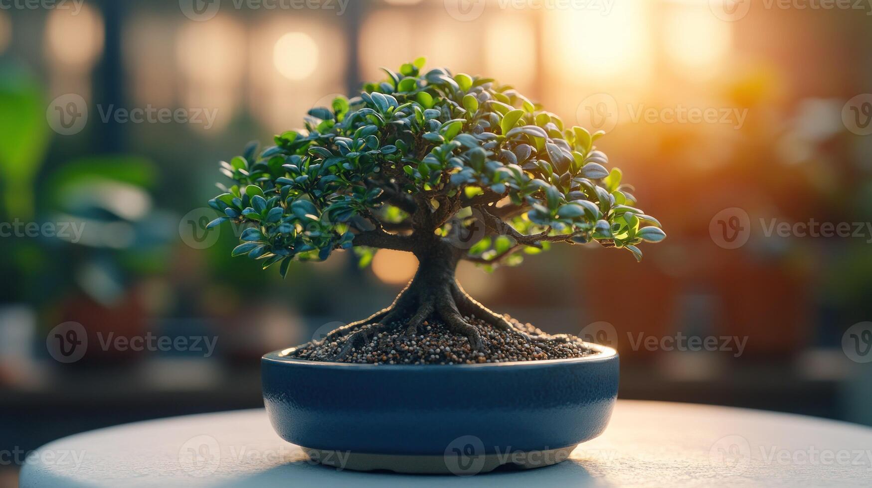 Bonsai tree in a blue pot on a table photo
