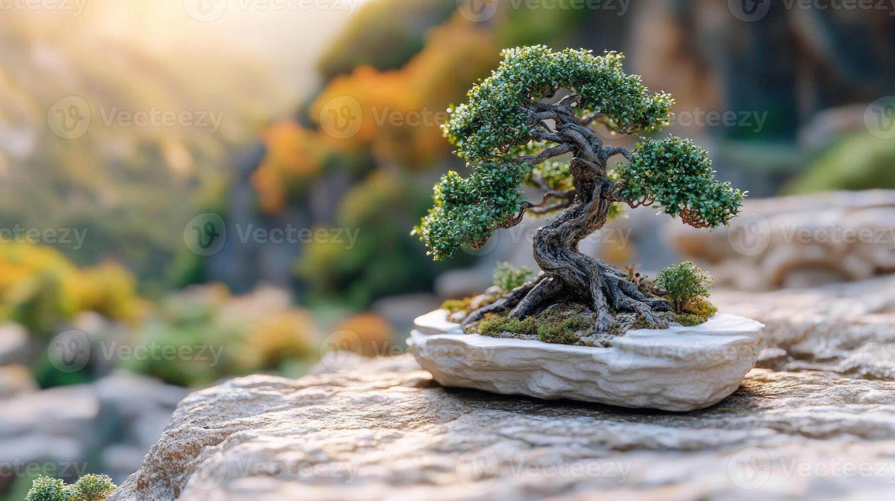Bonsai tree on rock in the mountains photo