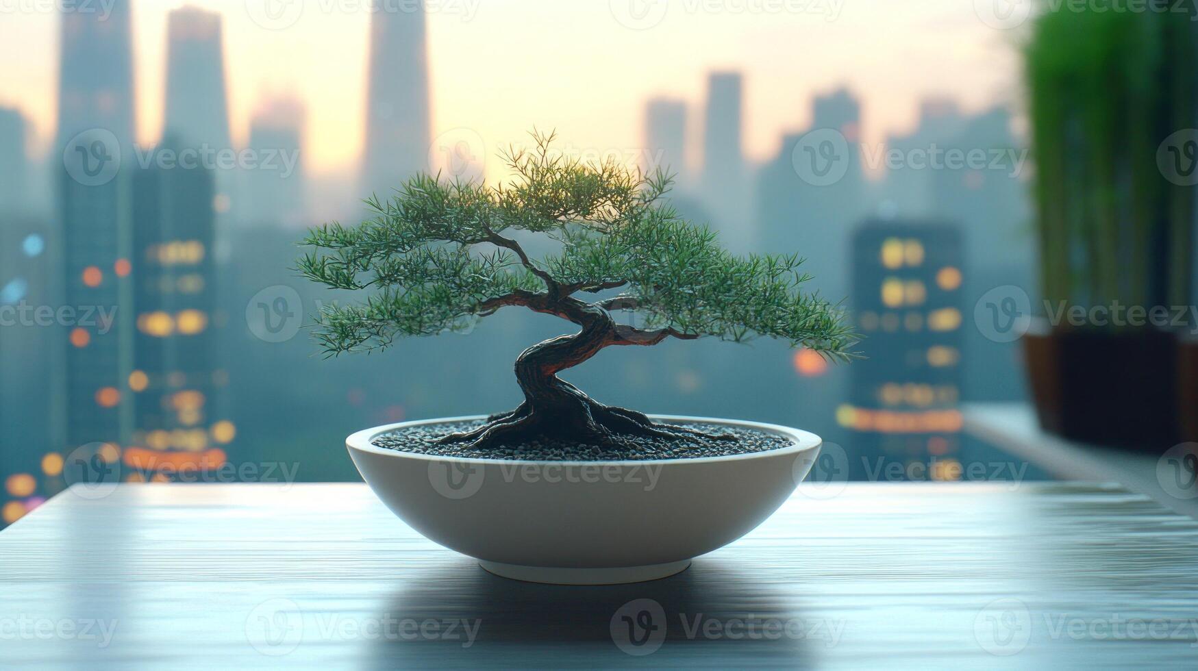Bonsai tree in a bowl on a table in front of a cityscape photo