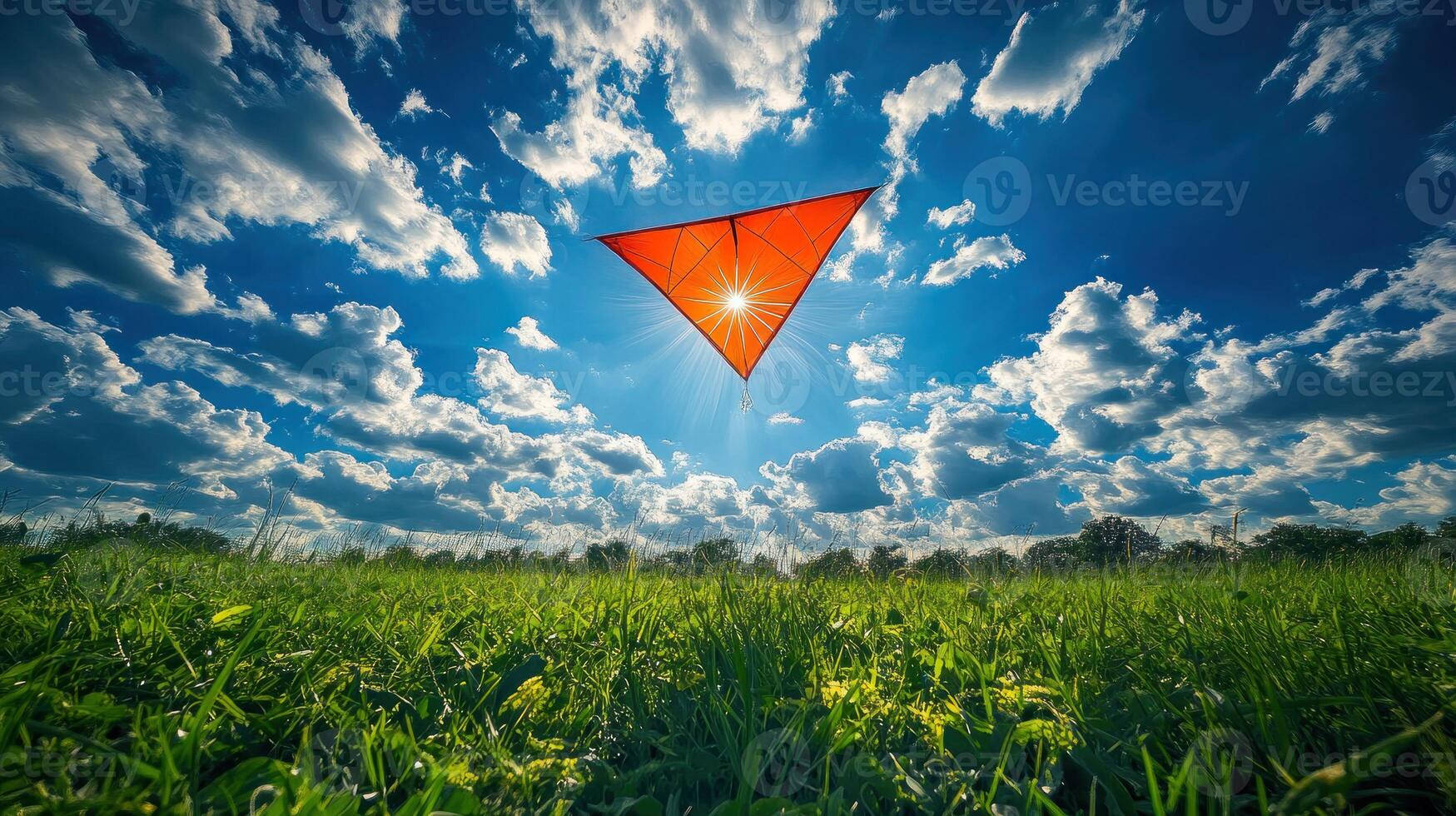 A red kite flying in a field photo