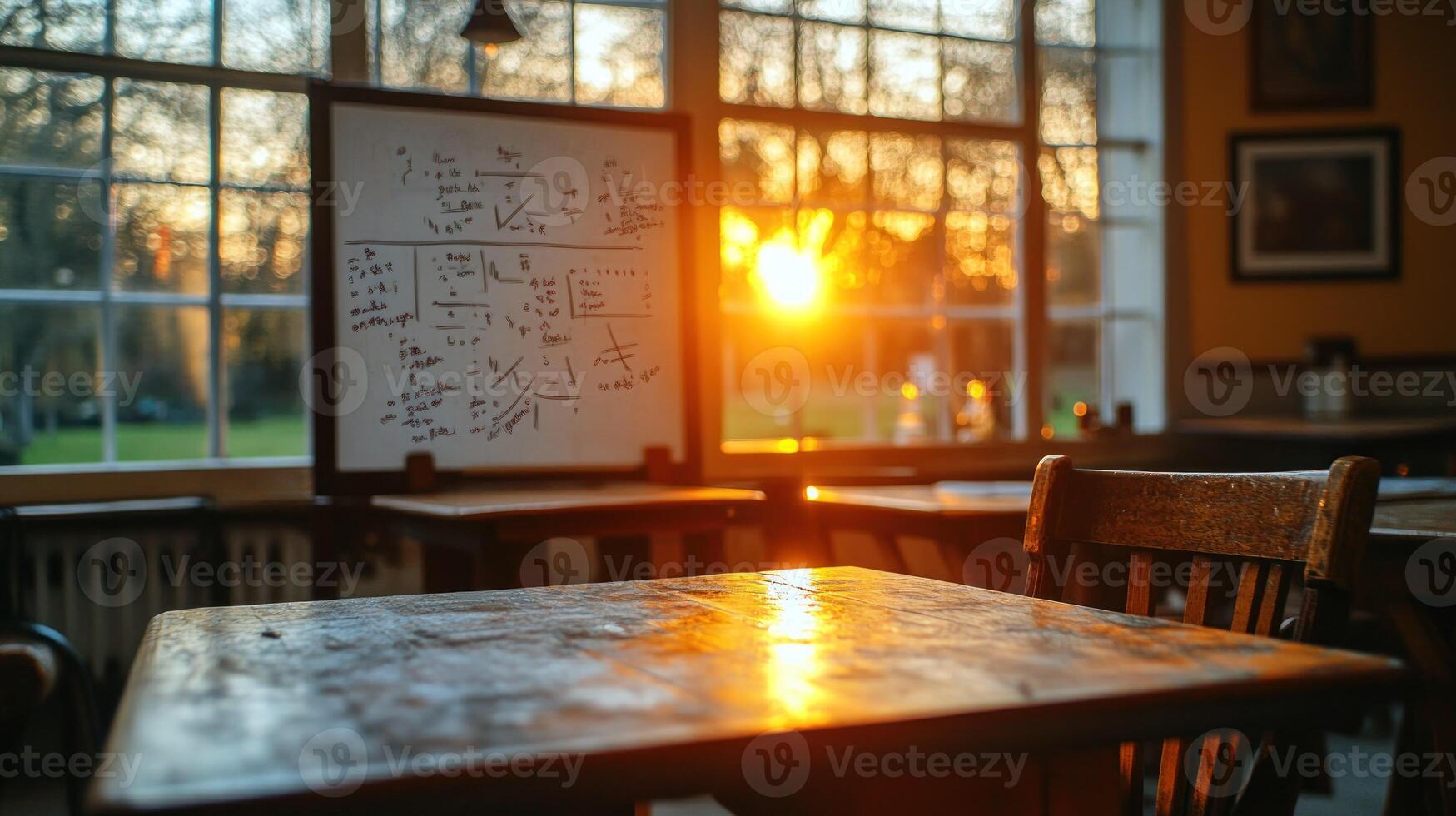 A table with chairs and a whiteboard in front of a window photo