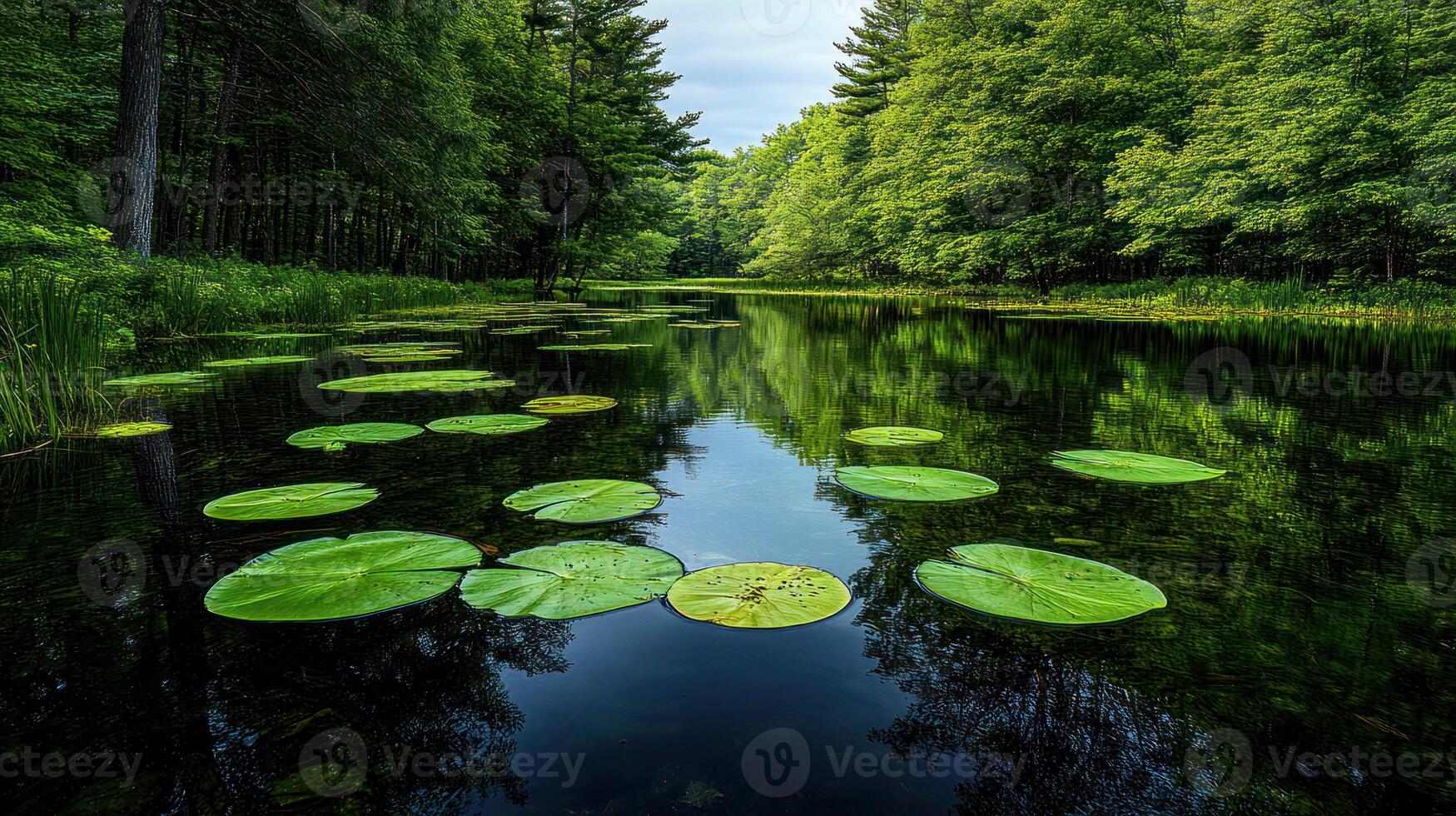 A pond with lily pads in the middle of a forest photo