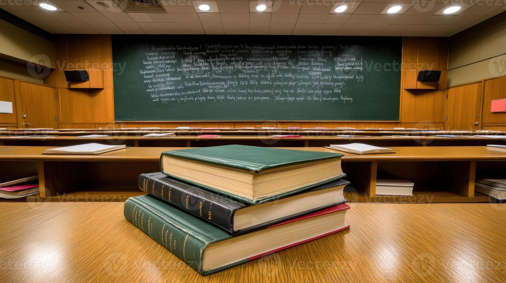 A stack of books on a table in front of a chalkboard photo