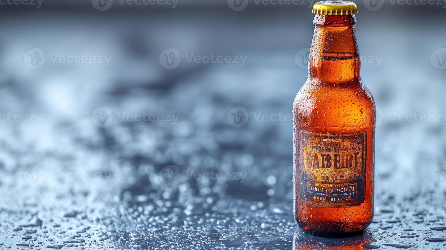 A beer bottle sitting on a wet surface photo