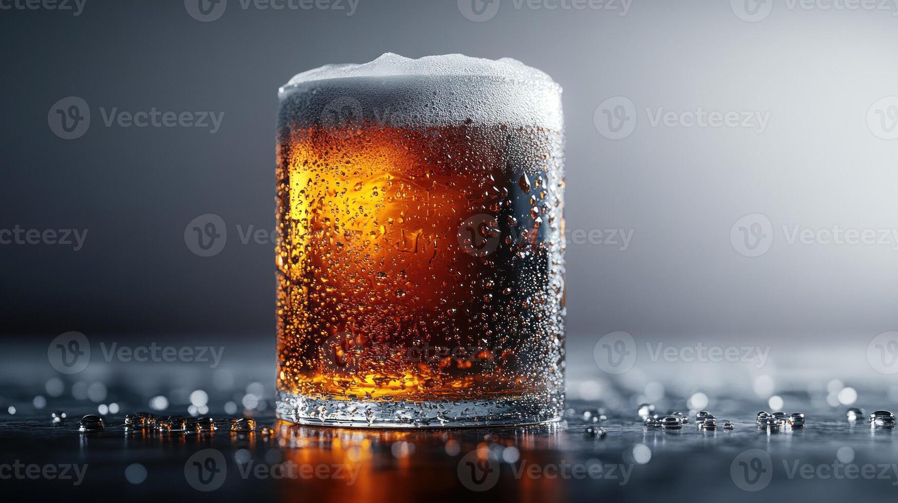 A glass of beer with bubbles on a dark background photo