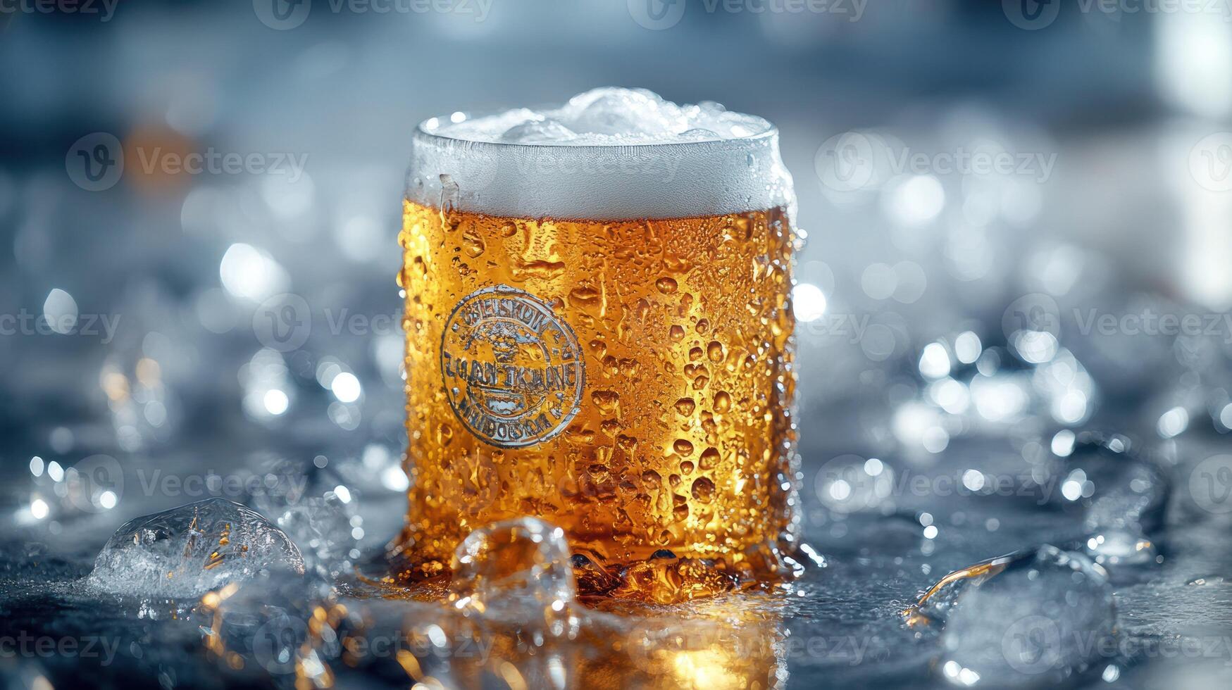 A beer is sitting on a table with ice photo