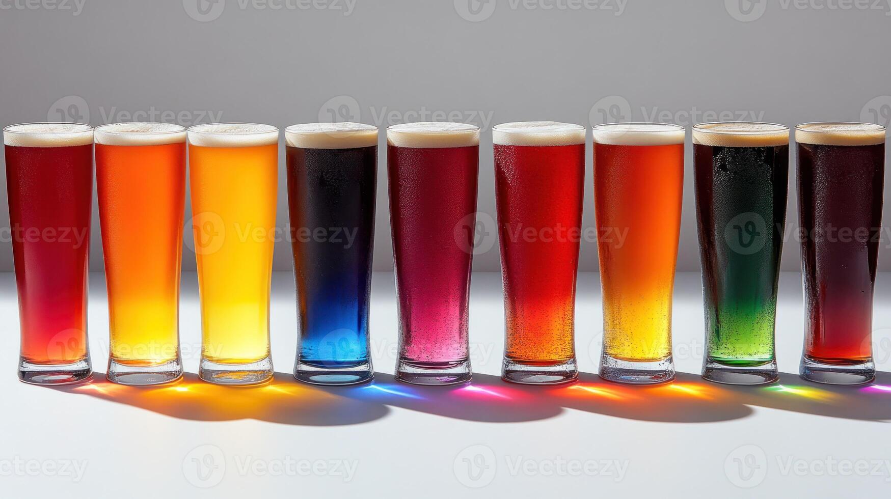 A row of beer glasses with different colored liquid photo