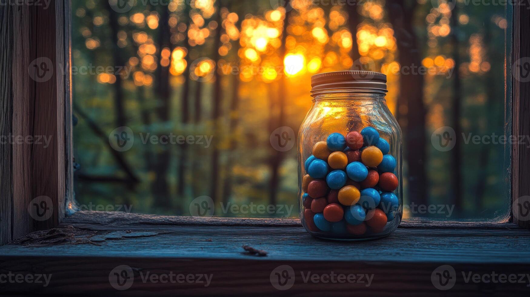 A jar filled with colorful candies sitting on a window sill photo