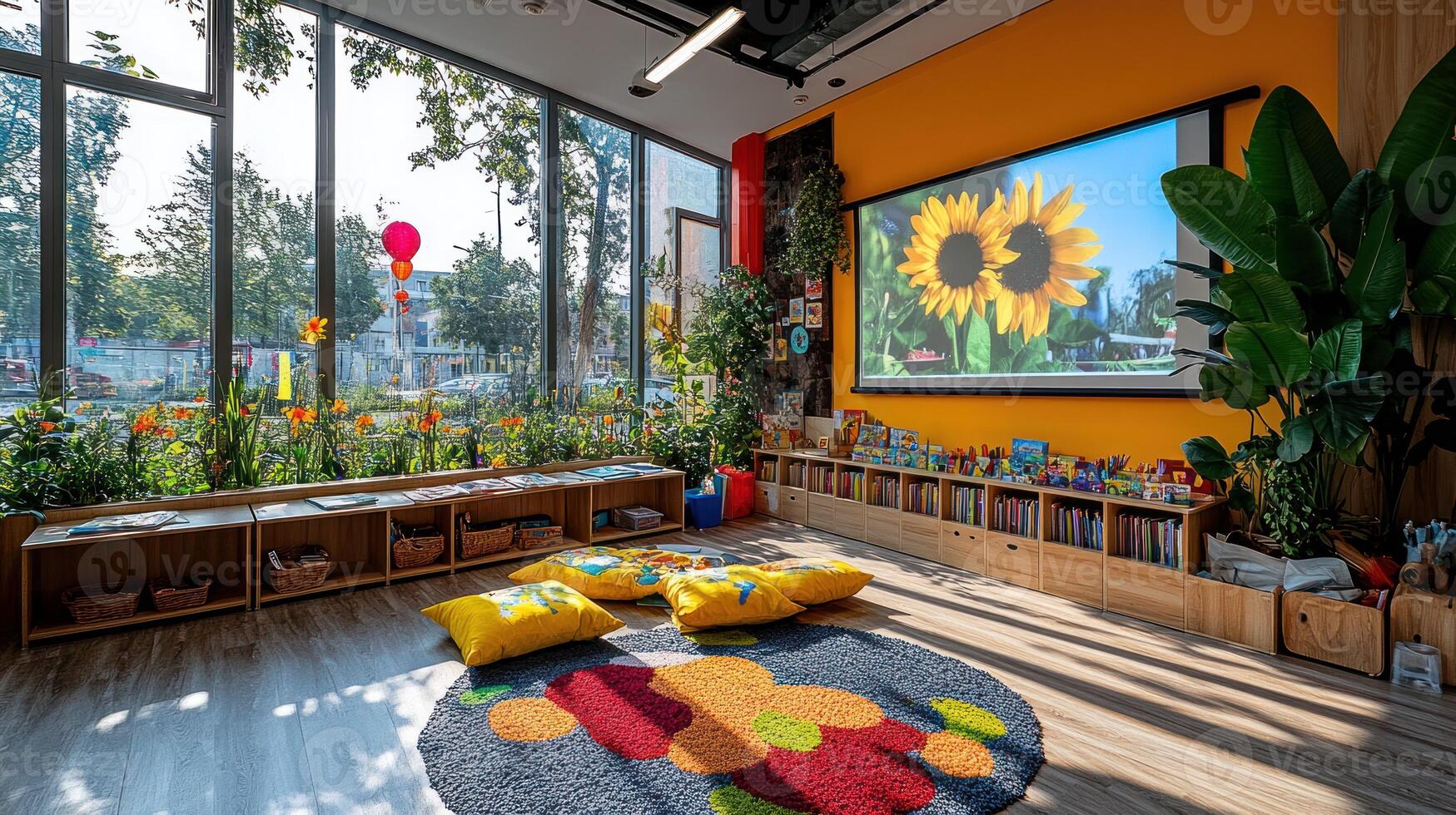 A children's playroom with a large screen and plants photo