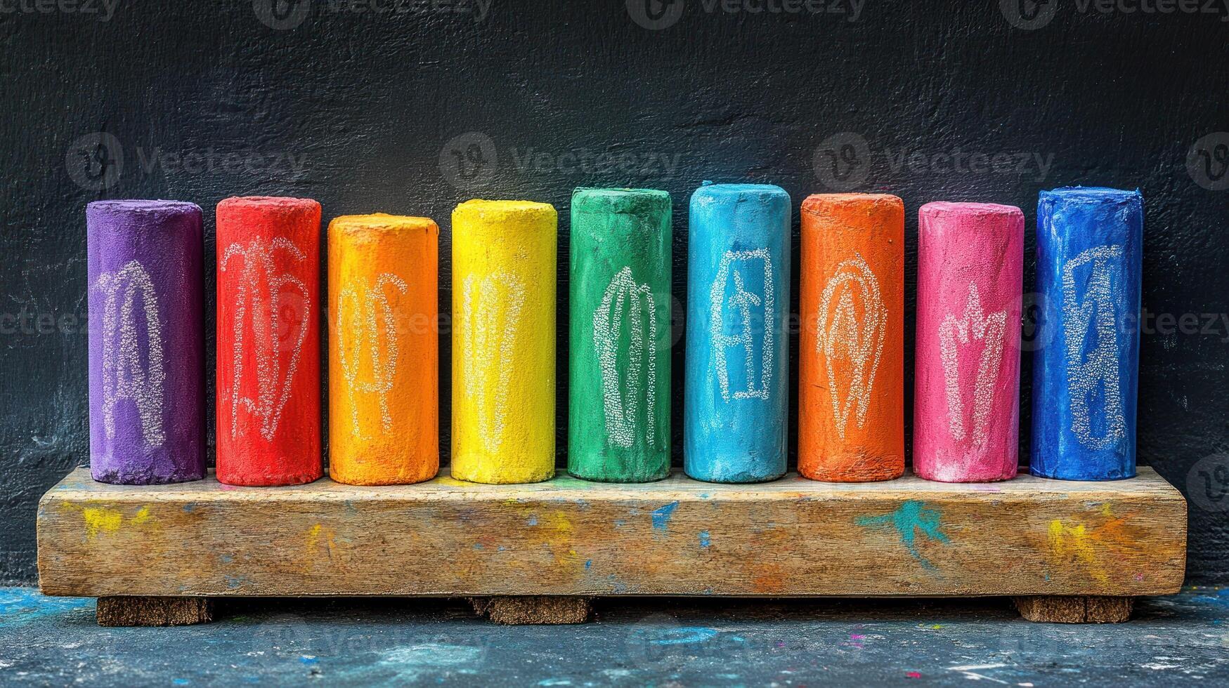 A row of colorful crayons on a wooden block photo