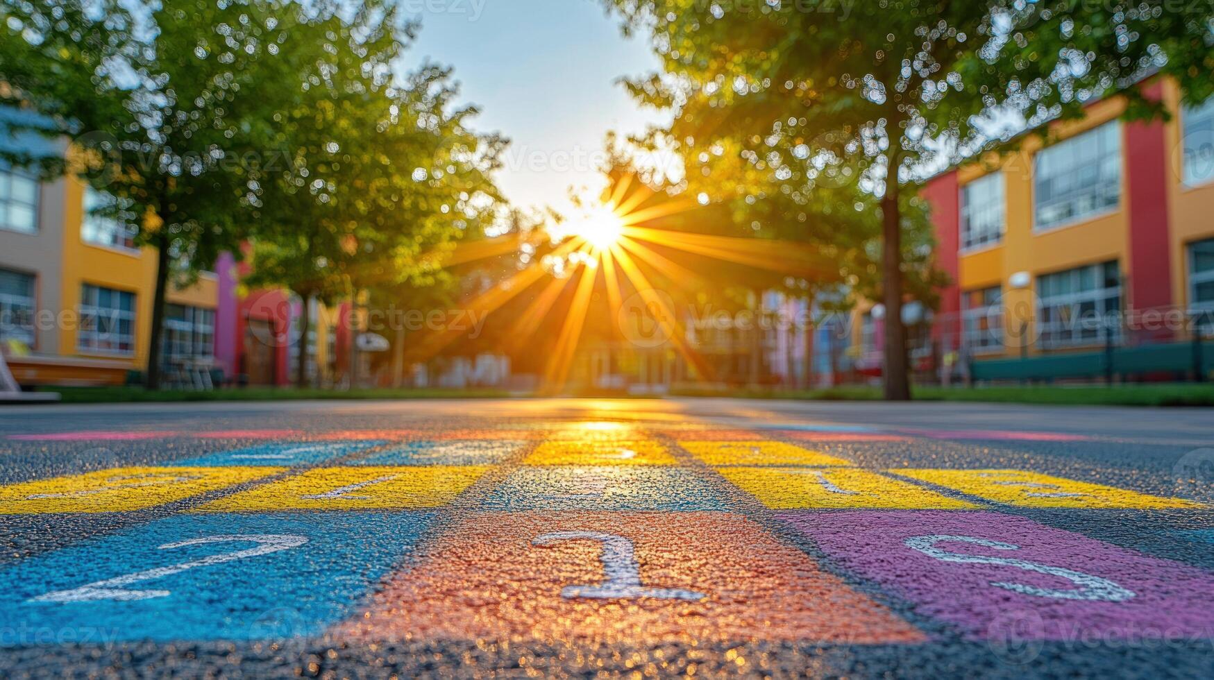 Colorful numbers painted on the ground in front of a school photo