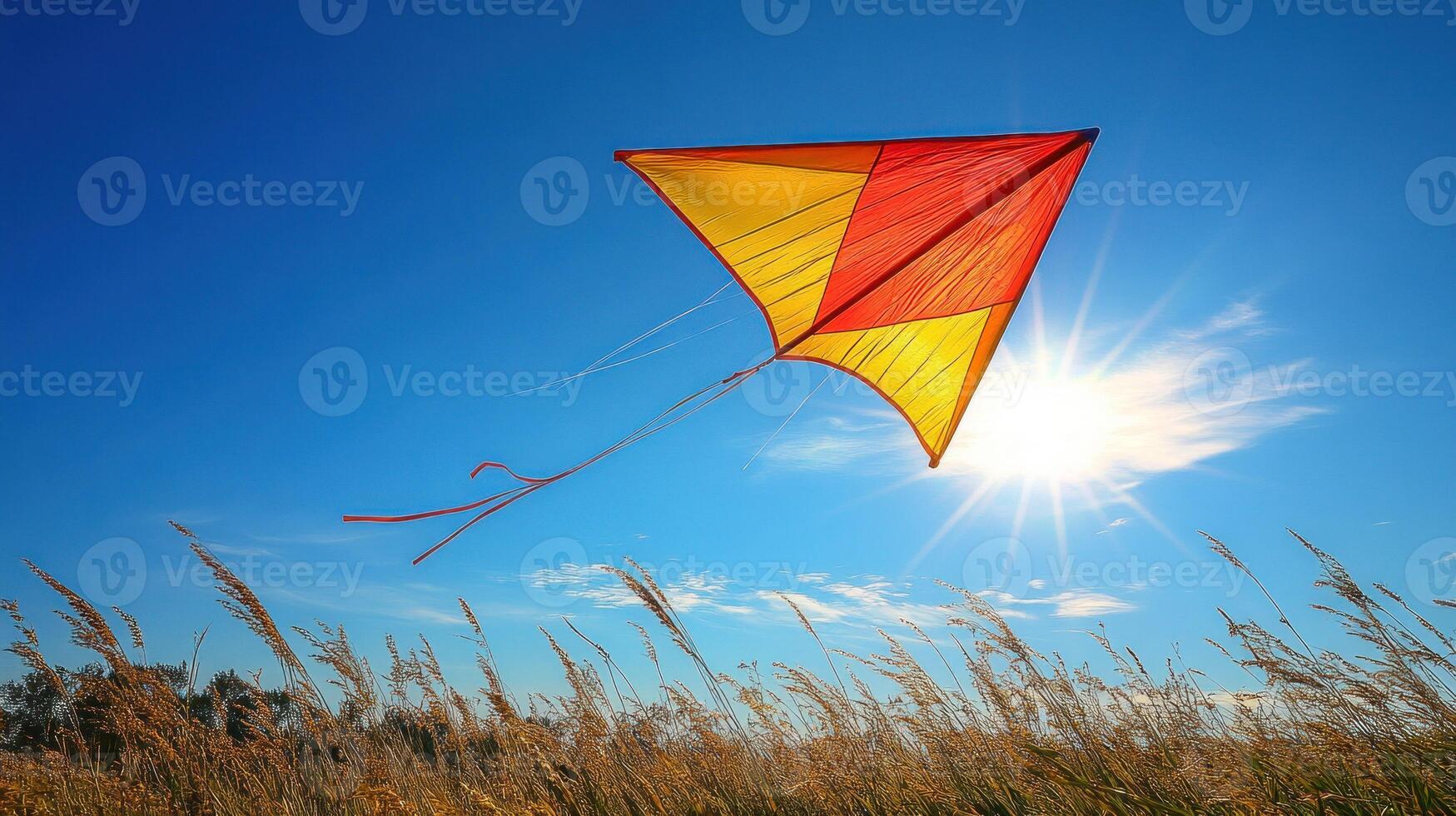 A kite flying in a field with tall grass photo