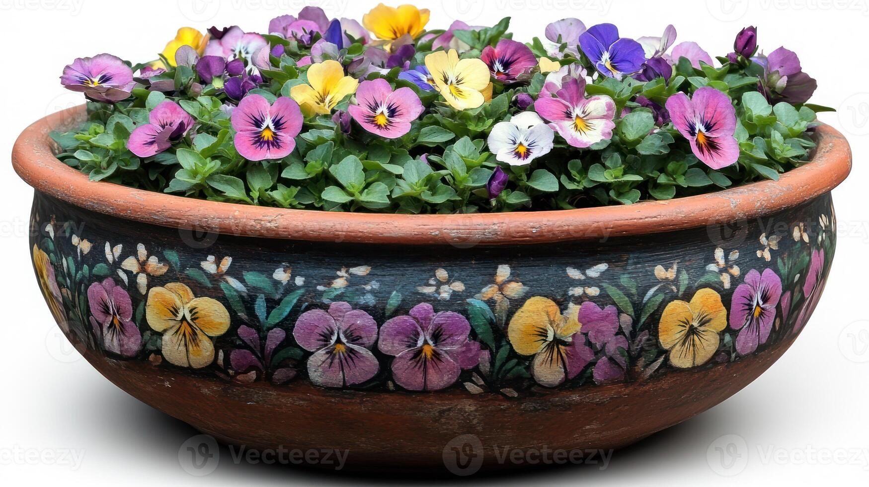 A pot with pansies in it on a white background photo