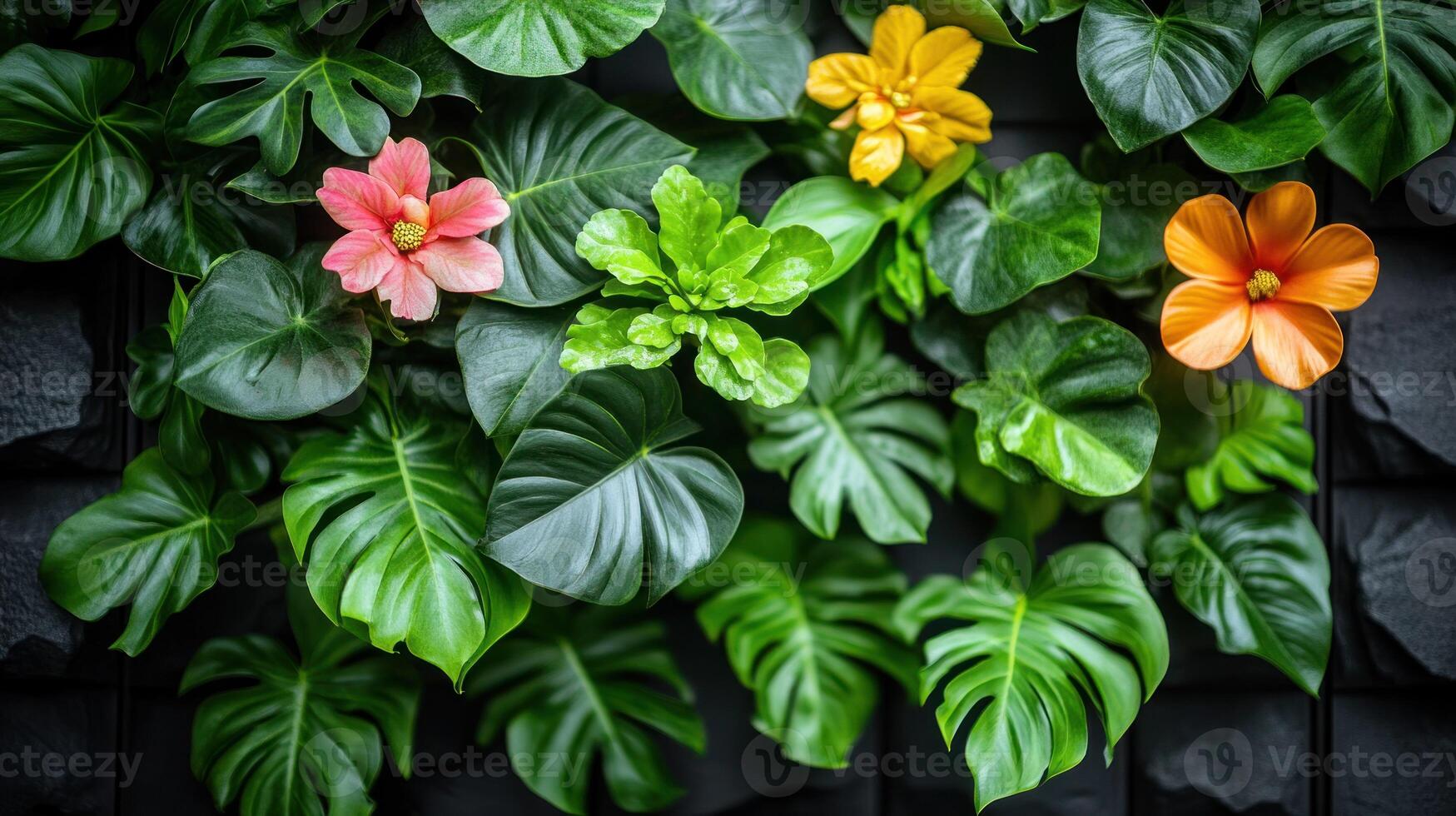 A close up of some colorful flowers and leaves photo