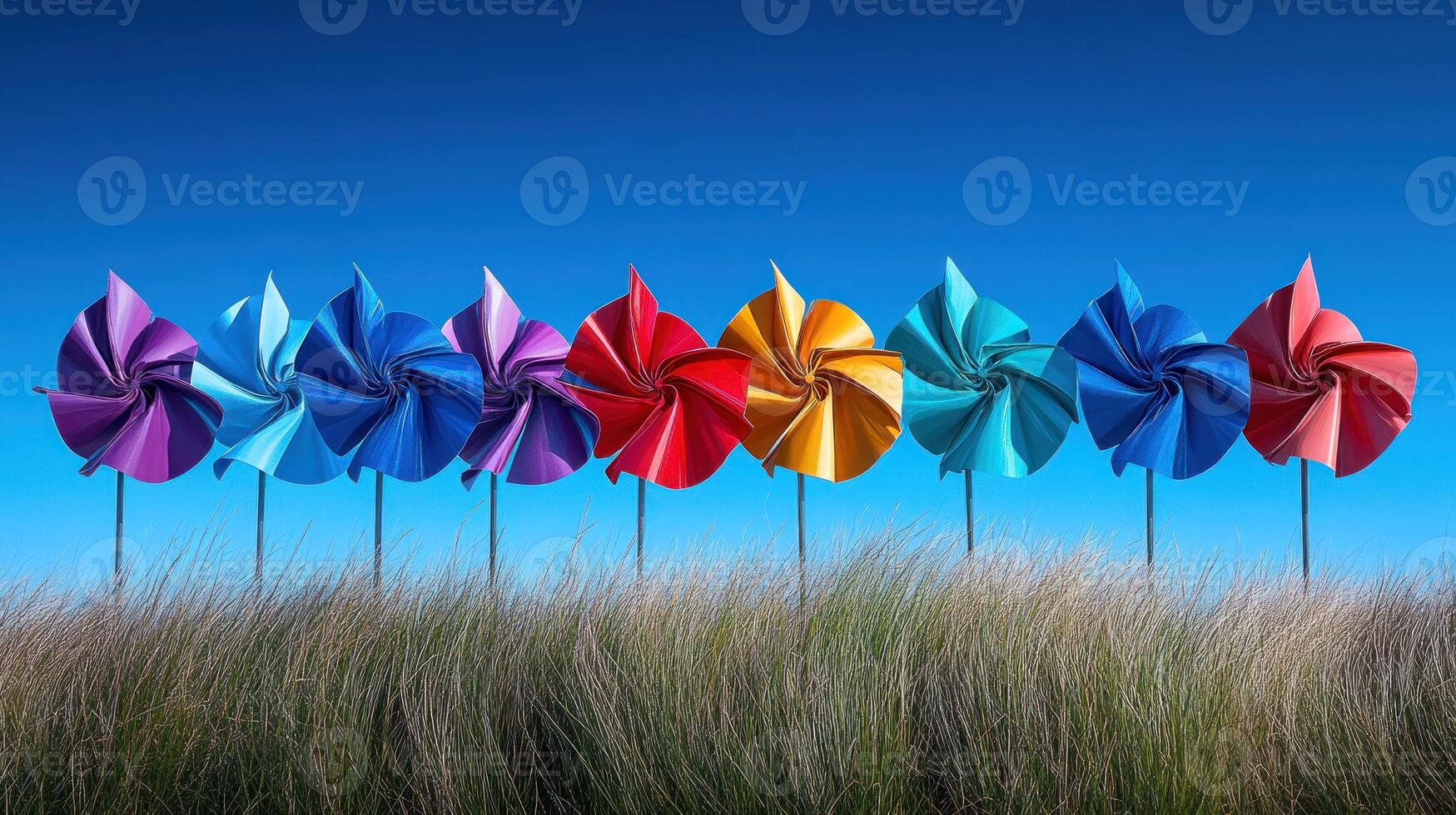 Colorful pinwheels in a field against a blue sky photo
