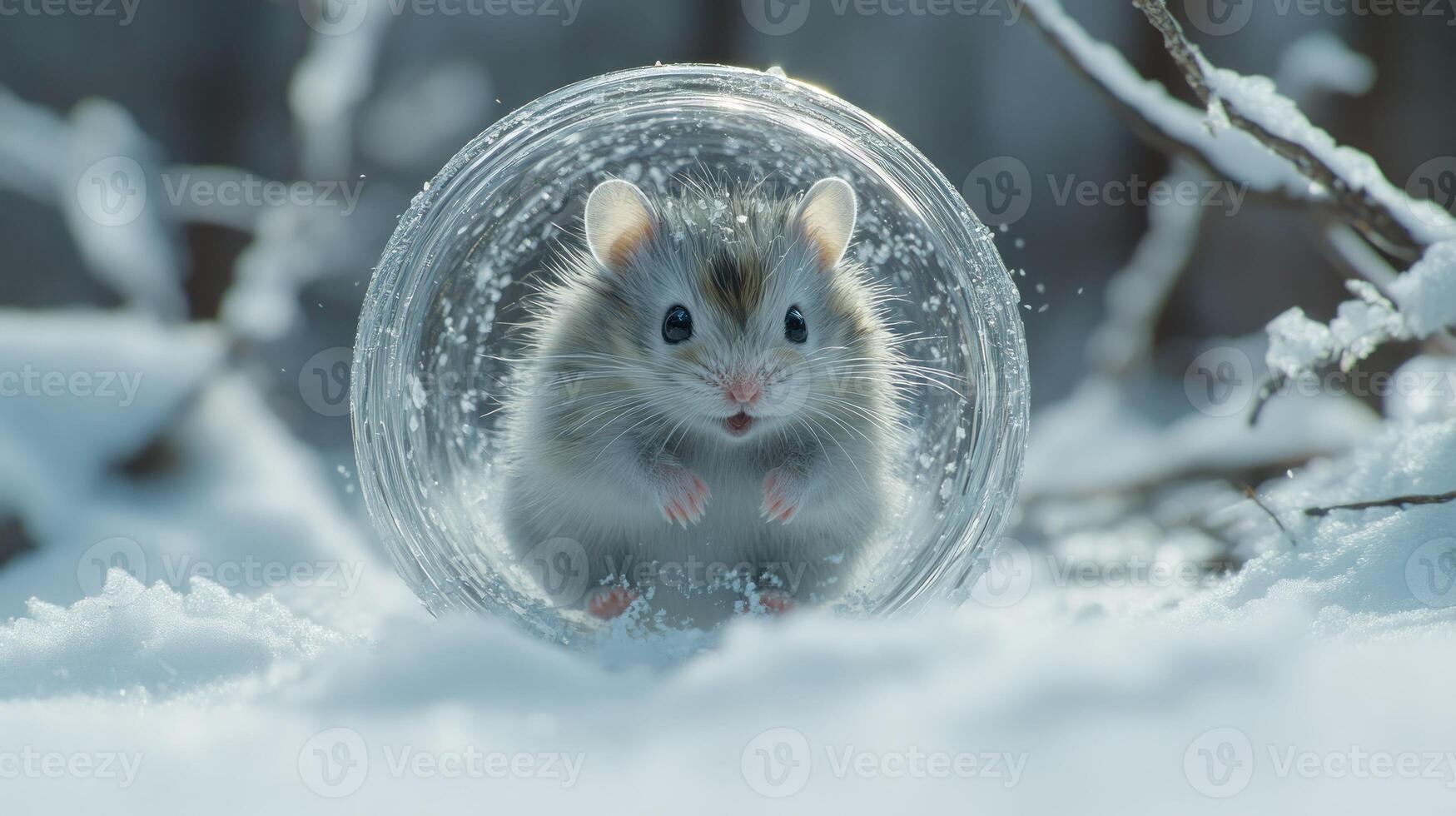 A hamster in a glass tube in the snow photo