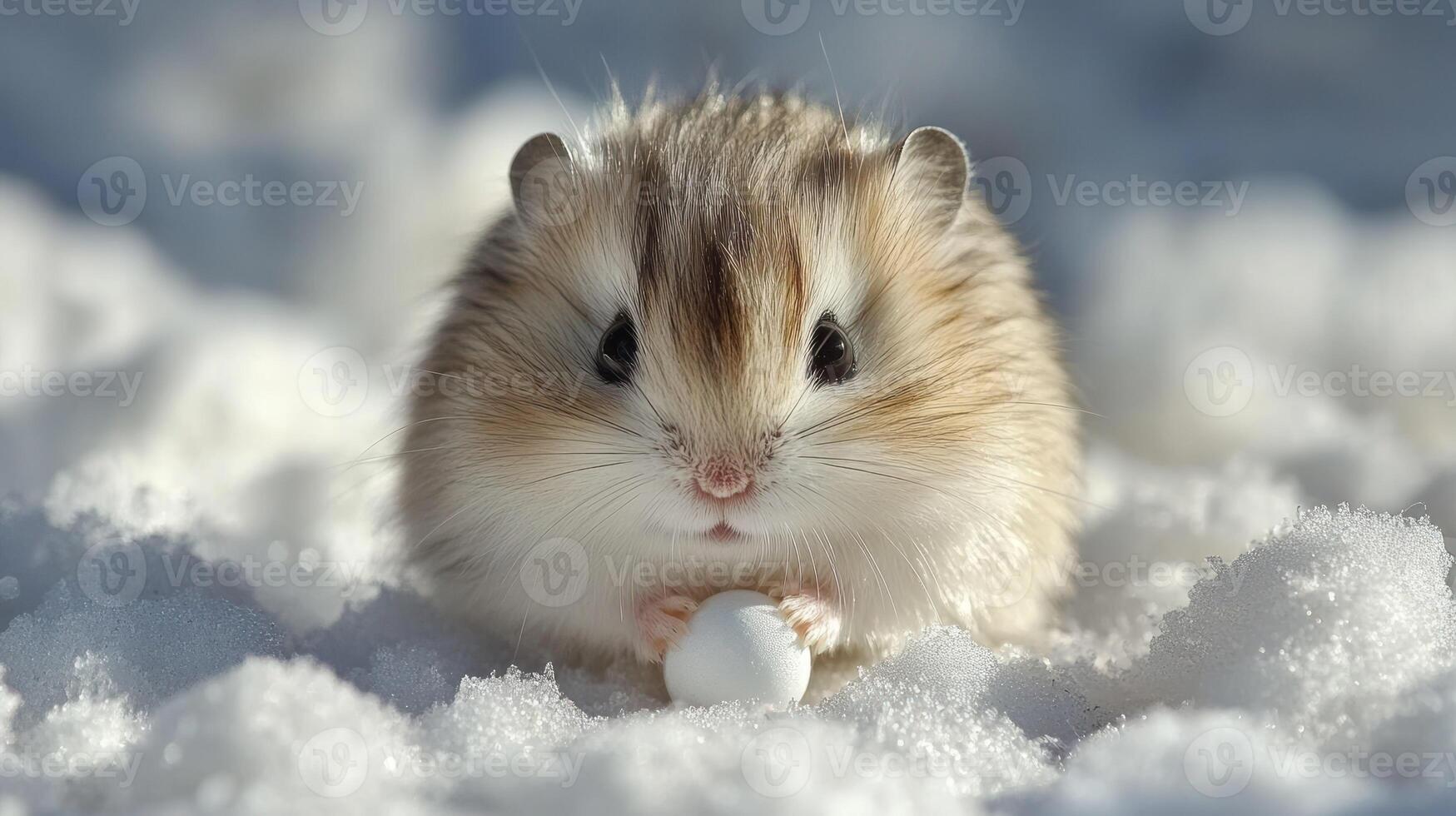 A hamster is sitting in the snow with an egg photo