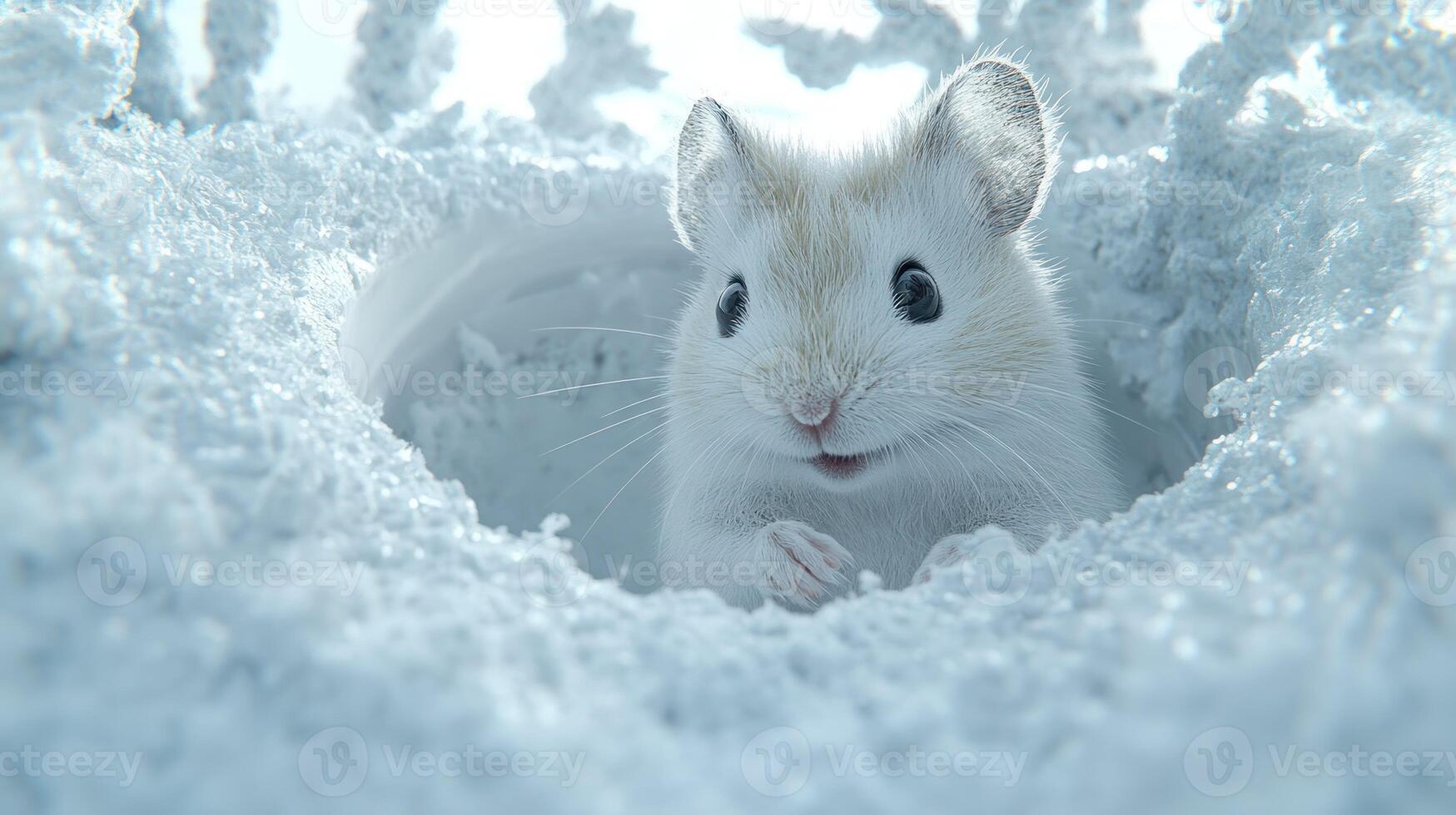 A white mouse is peeking out of a hole in the snow photo
