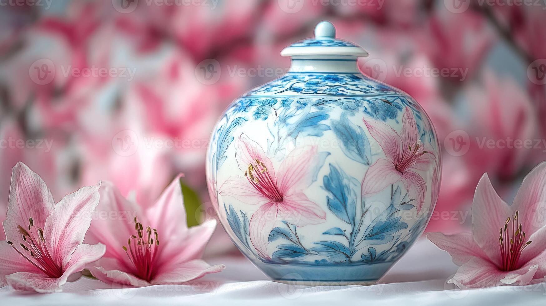 A blue and white vase with pink flowers photo