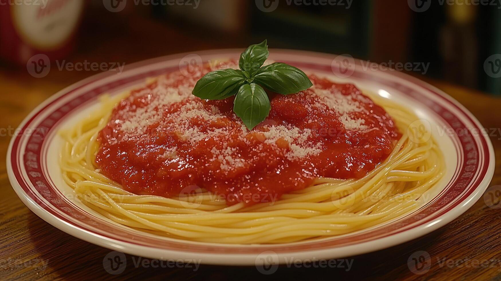 A plate of spaghetti with tomato sauce and basil photo
