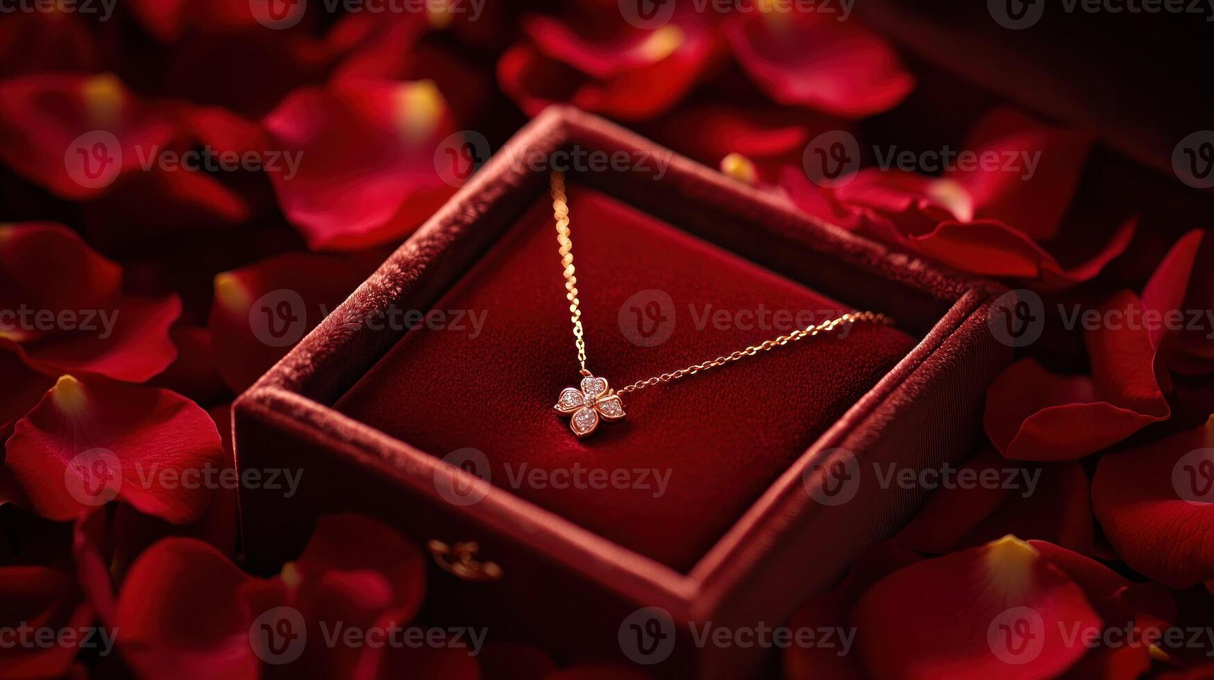 A diamond necklace in a red box with red petals photo