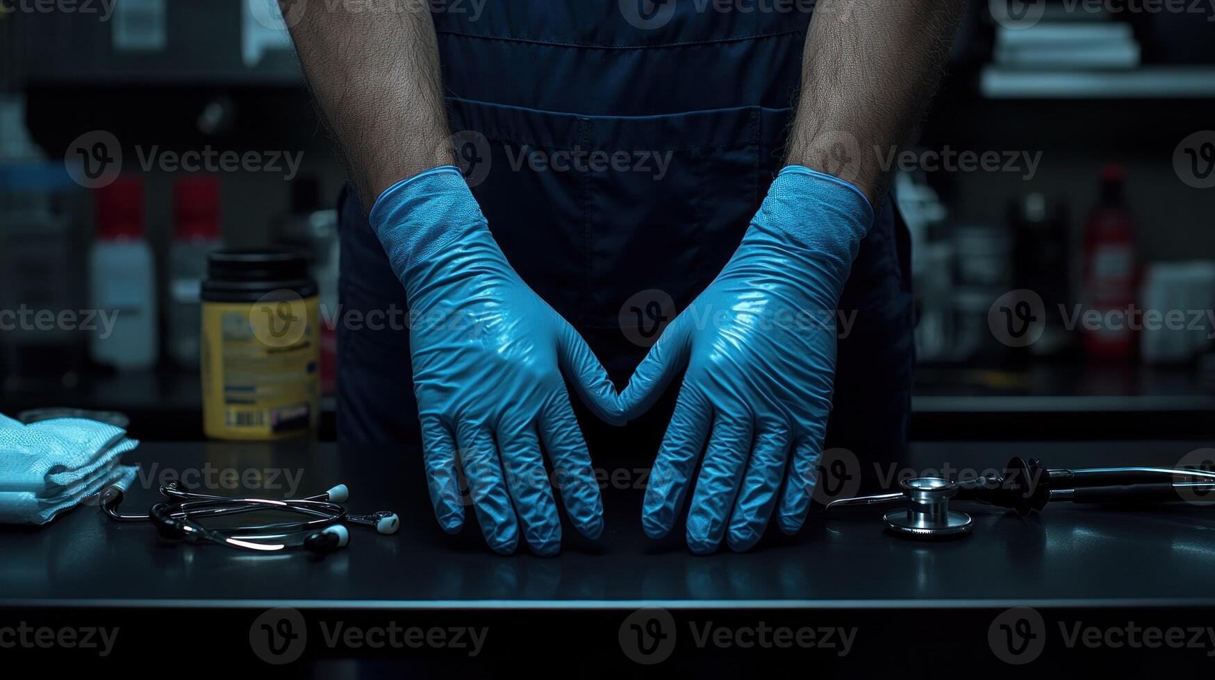 A person wearing blue gloves and holding a stethoscope photo