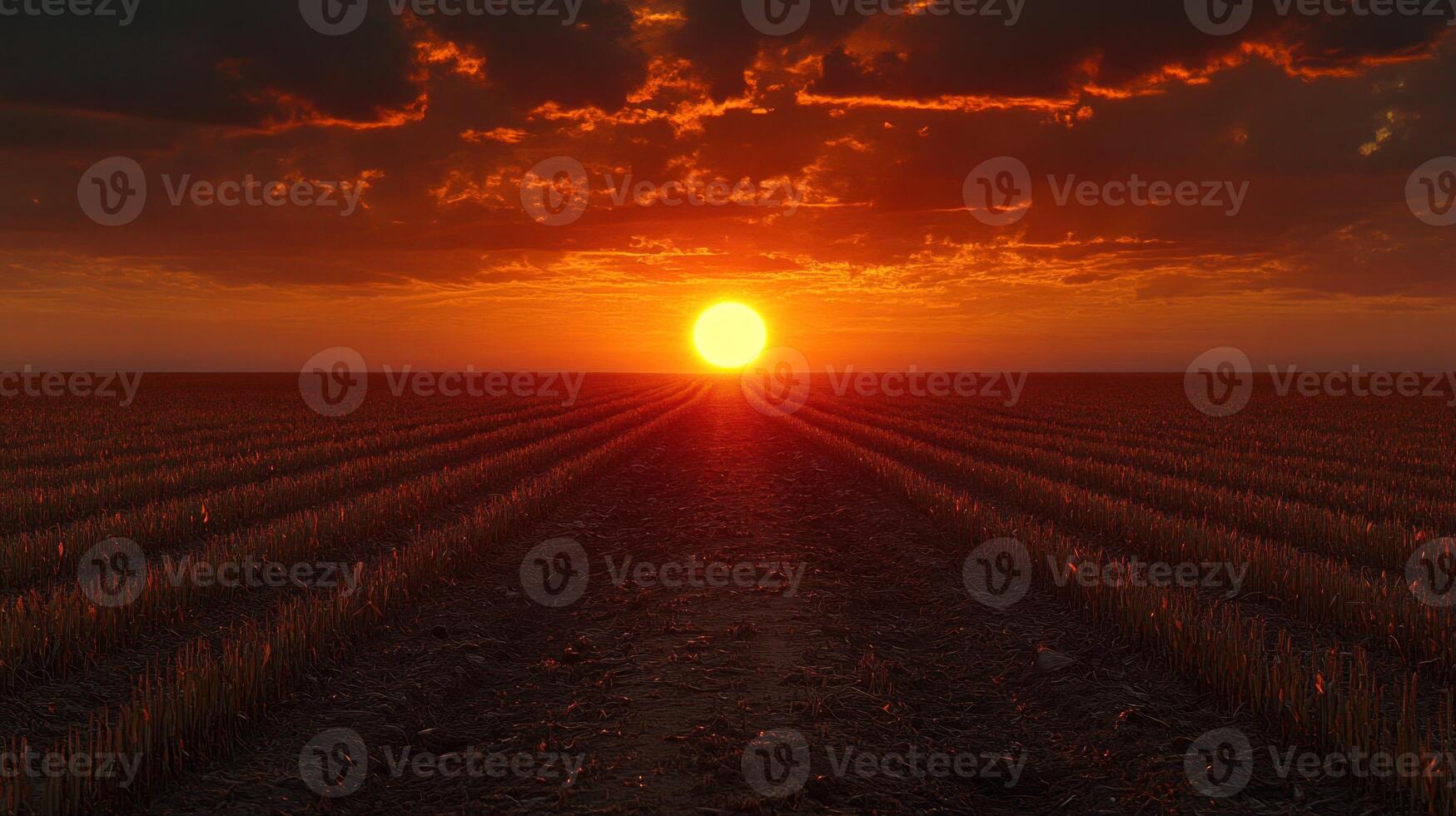 A field with a sun setting over it photo