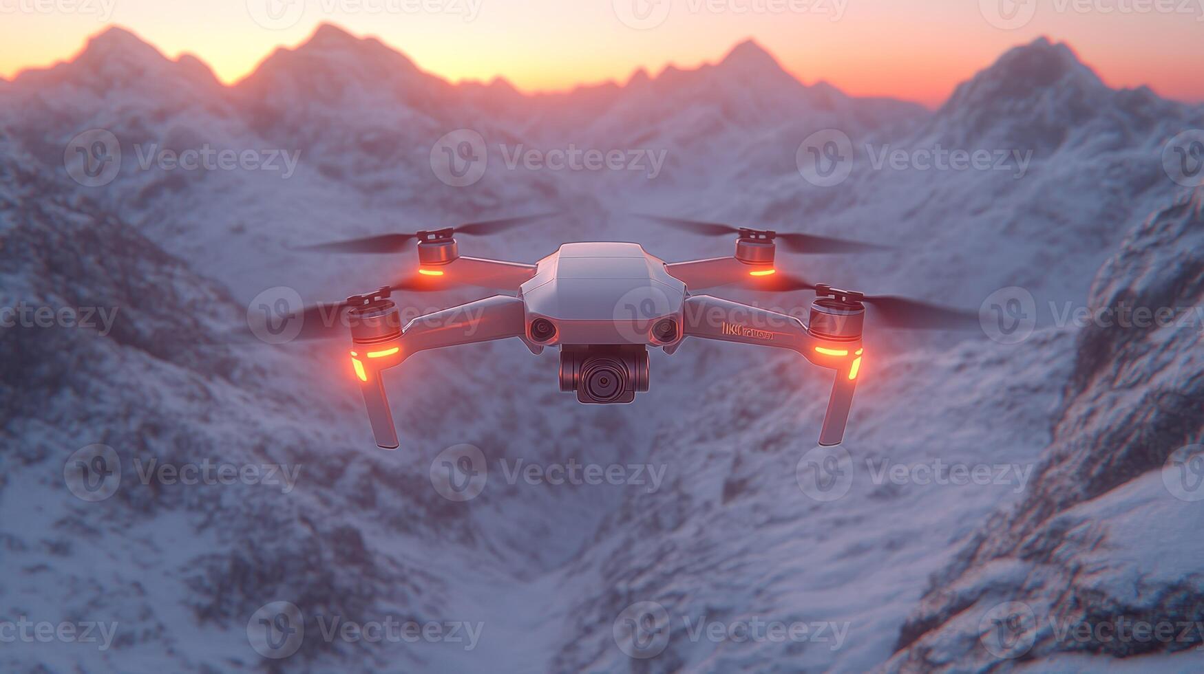 A white drone flying over a mountain range photo