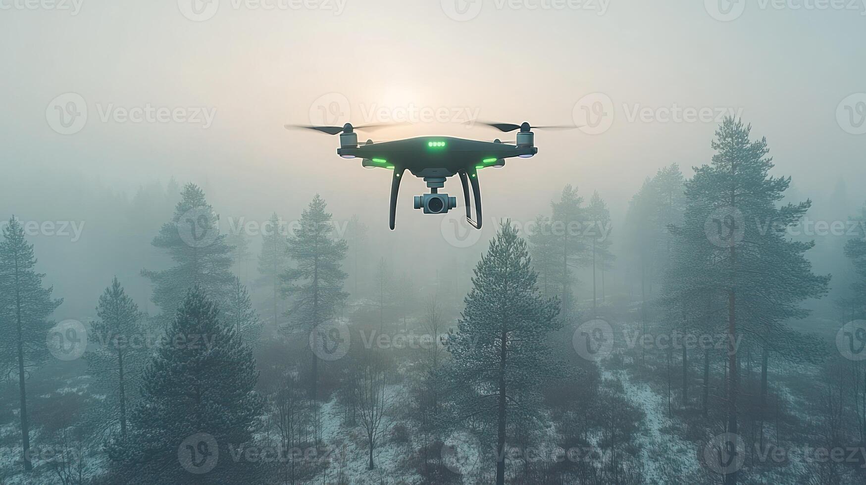 A drone flying over a forest with trees photo