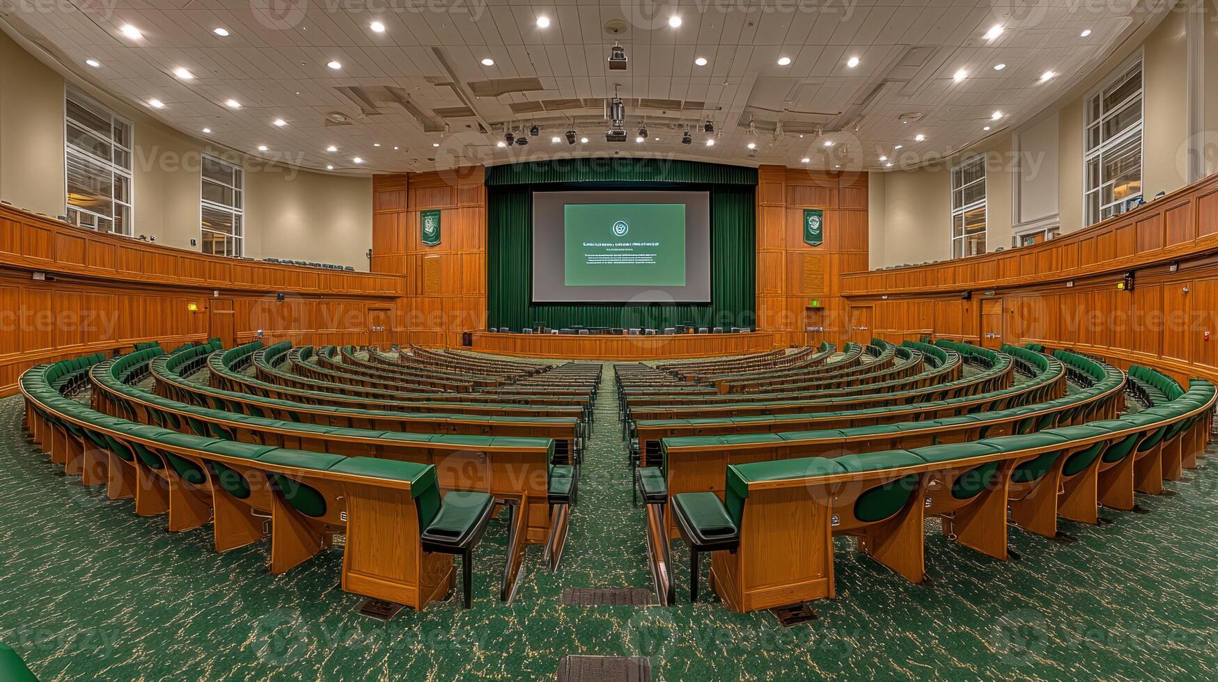 A large auditorium with green seats and a projector screen photo