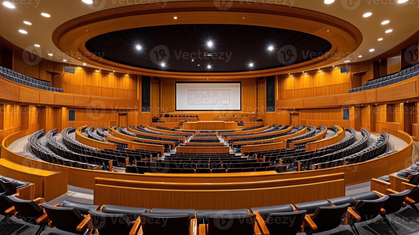 A large auditorium with rows of chairs and a projector screen photo