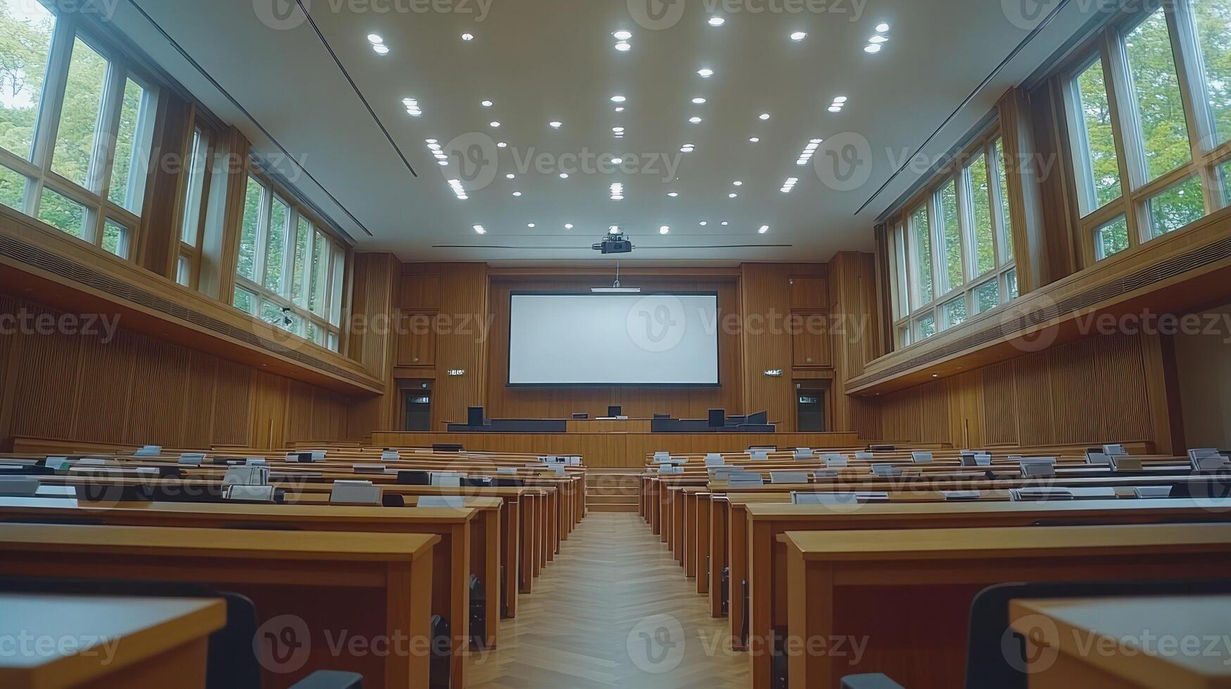 A large auditorium with rows of wooden chairs photo