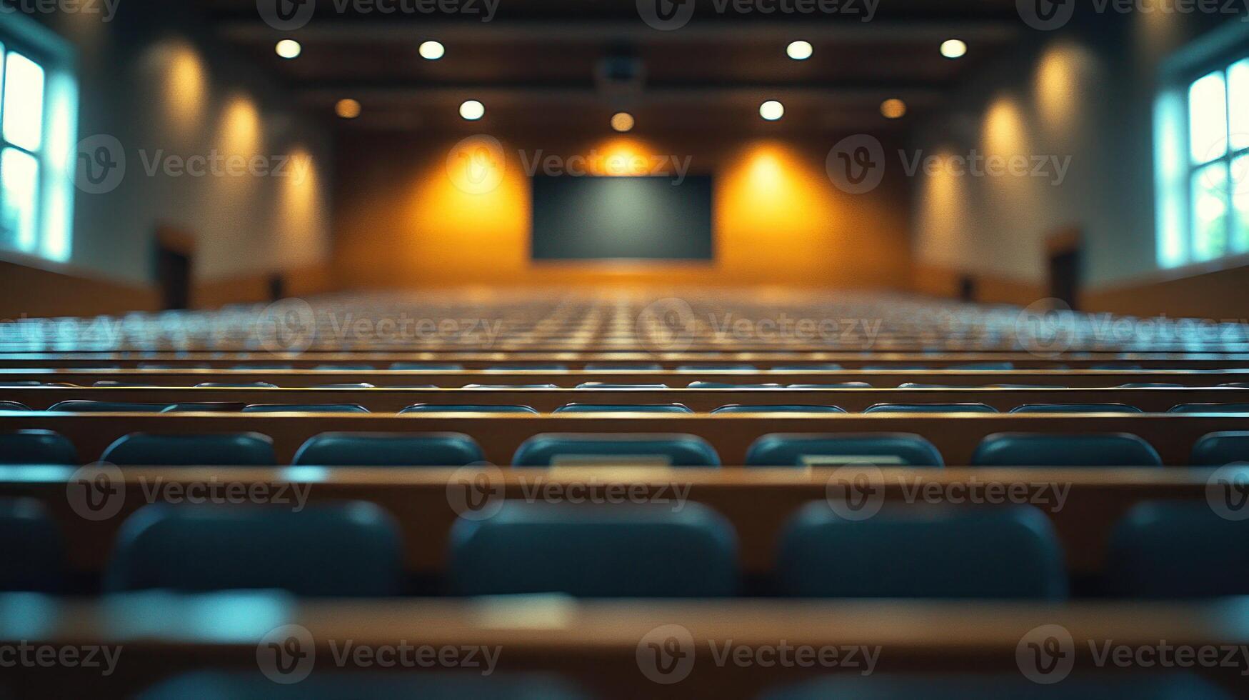 Empty auditorium with rows of chairs photo