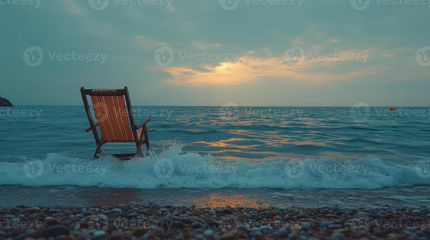 A chair sitting on the beach at sunset photo