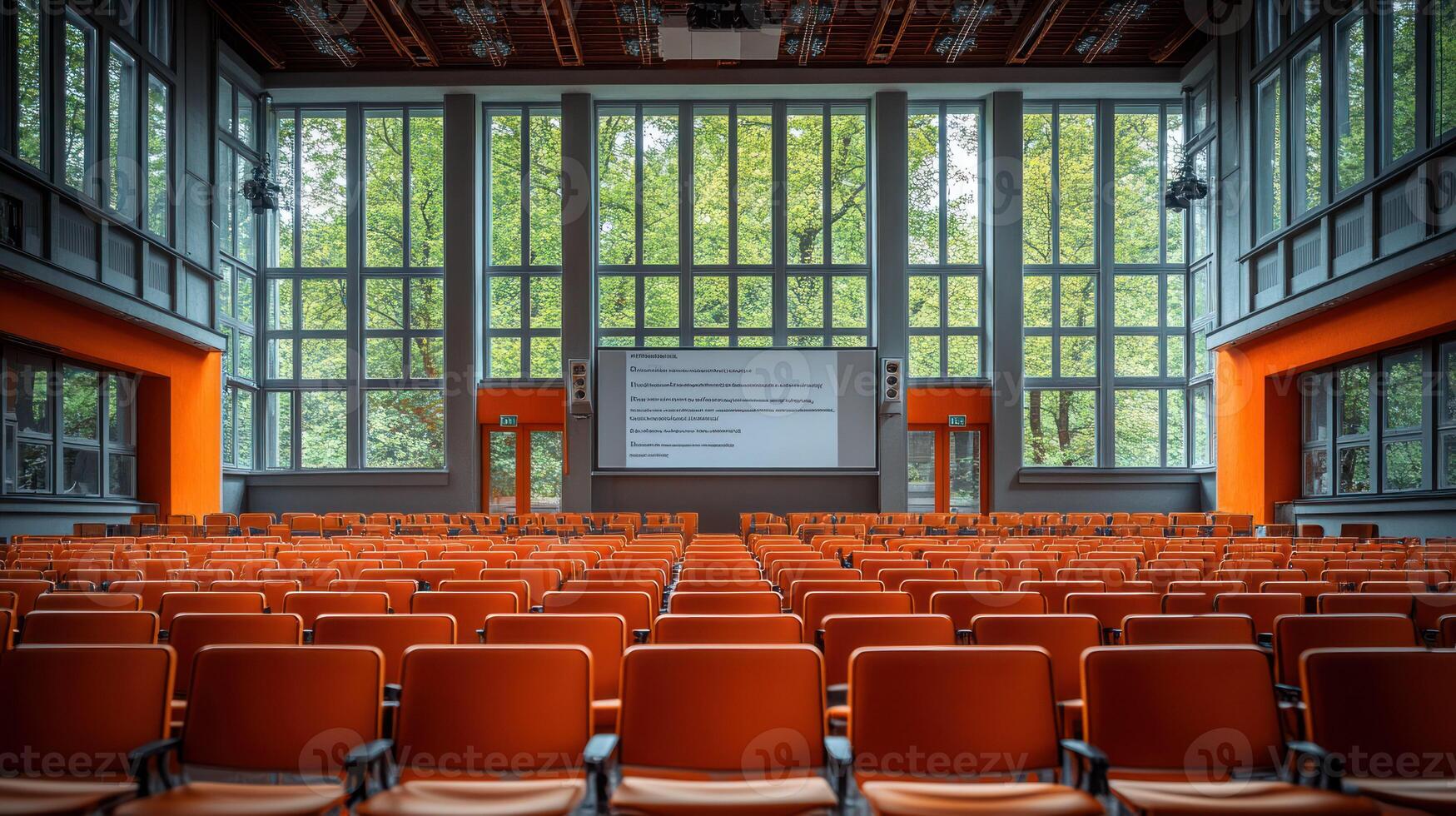 A large auditorium with orange chairs and a projector screen photo
