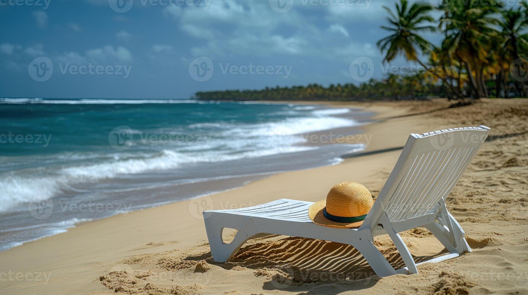 A white beach chair with a hat sitting on the sand photo